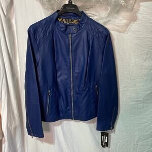 Gill 3x federal blue moto faux leather jacket NWT ling sleeve zippers pockets